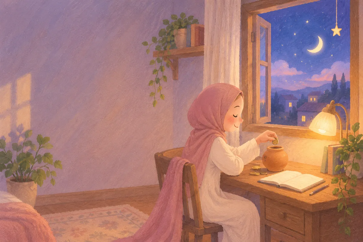 Haram income in Islam: a Muslim girl in a dusty-rose hijab dropping coins into a clay jar at her desk at night
